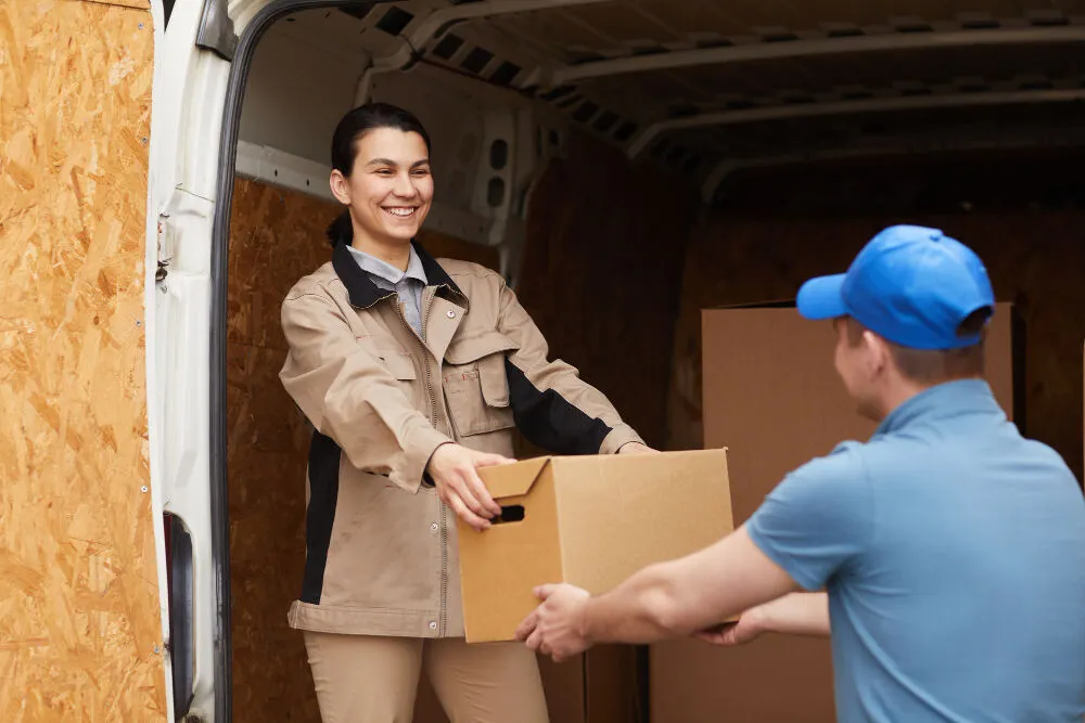 girl with door to door service staff