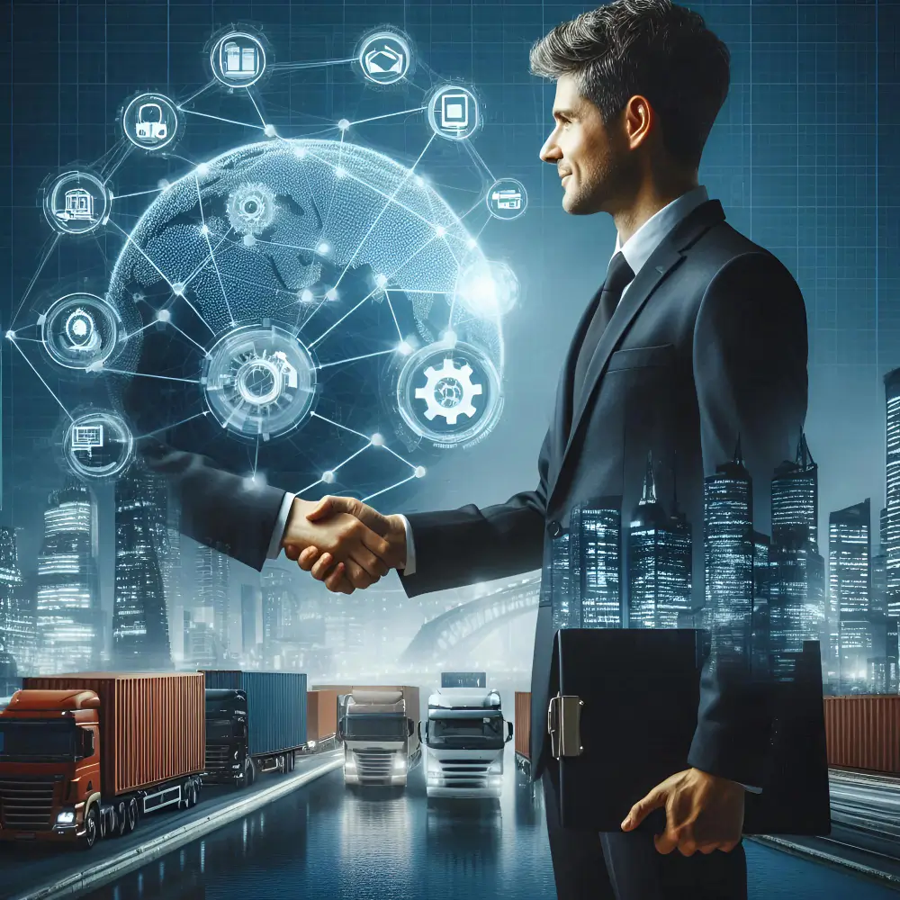 Businessmen shaking hands symbolizing partnership in supply chain management with logistics icons and trucks in the background.