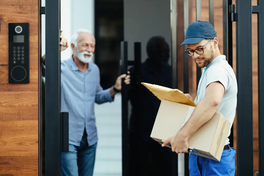 two mens , one is a  door-to-door cargo service man and other young man is customer