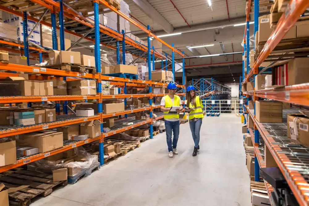 Workers discussing supply chain management in a warehouse